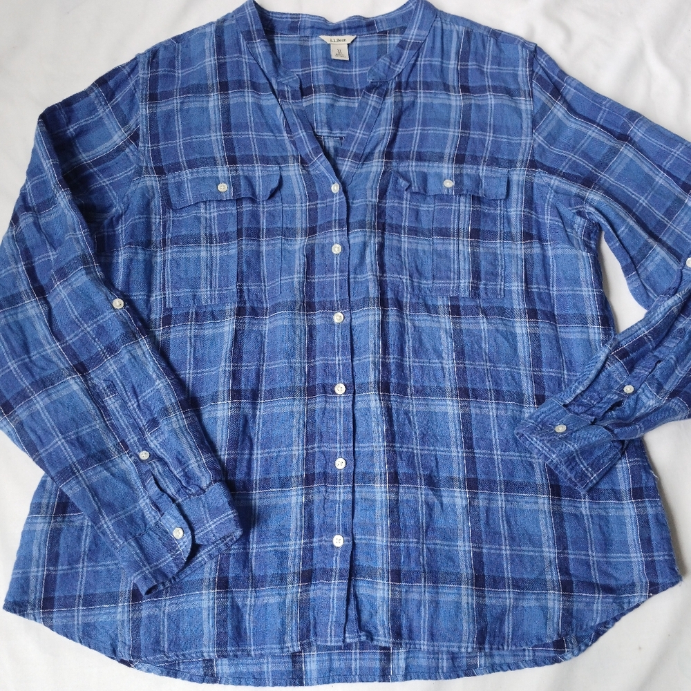 LL Bean Womens XL Top Button Down 100% Linen Blue Plaid‎ Coastal Preppy